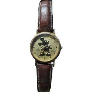 Mickey Disney Lady Stars‎ Gold Tone New Battery Works Brown Band Vintage
